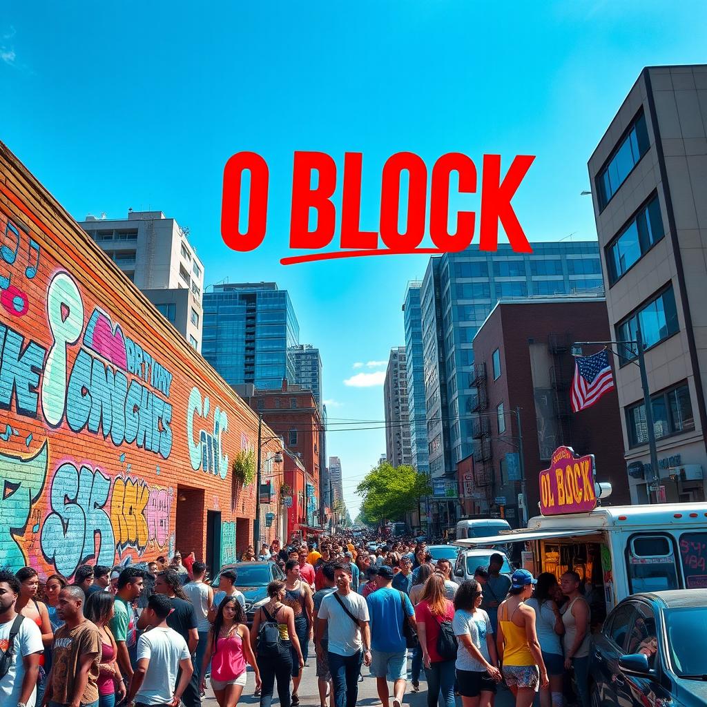 A vibrant city scene representing the vibe of 'O Block', featuring urban street culture, colorful graffiti art on brick walls, bustling crowds of diverse people, and elements of hip-hop influence such as music notes and breakdancers