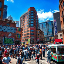 A vibrant city scene representing the vibe of 'O Block', featuring urban street culture, colorful graffiti art on brick walls, bustling crowds of diverse people, and elements of hip-hop influence such as music notes and breakdancers
