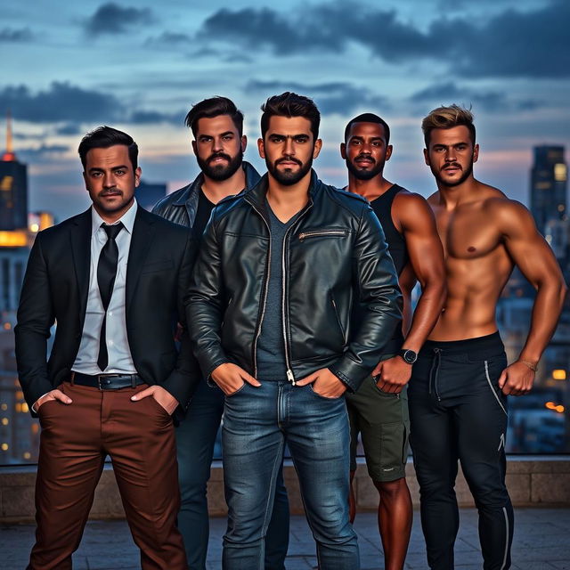 A powerful and diverse group of men standing together in a dramatic cityscape background, each displaying unique styles and personalities