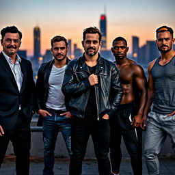 A powerful and diverse group of men standing together in a dramatic cityscape background, each displaying unique styles and personalities