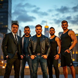 A powerful and diverse group of men standing together in a dramatic cityscape background, each displaying unique styles and personalities
