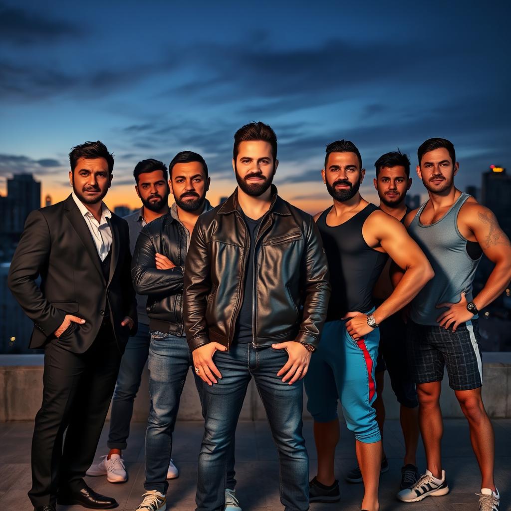 A powerful and diverse group of men standing together in a dramatic cityscape background, each displaying unique styles and personalities