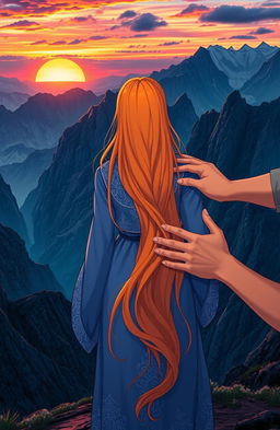 An anime woman wearing a flowing blue dress with intricate patterns, showcasing her long, vibrant ginger hair cascading down her back