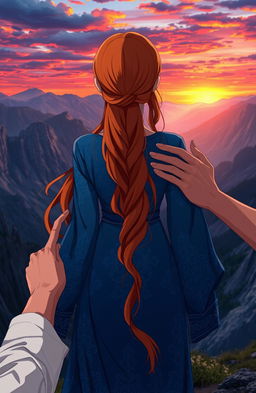 An anime woman wearing a flowing blue dress with intricate patterns, showcasing her long, vibrant ginger hair cascading down her back