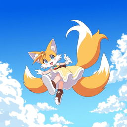 An anime-style illustration of a two-tailed catgirl joyfully spinning in circles against a bright blue sky, resembling the playful movement of Tails from a popular game