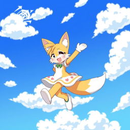 An anime-style illustration of a two-tailed catgirl joyfully spinning in circles against a bright blue sky, resembling the playful movement of Tails from a popular game