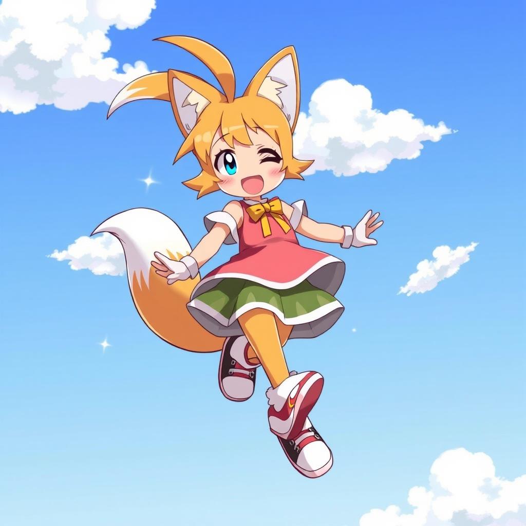 An anime-style illustration of a two-tailed catgirl joyfully spinning in circles against a bright blue sky, resembling the playful movement of Tails from a popular game