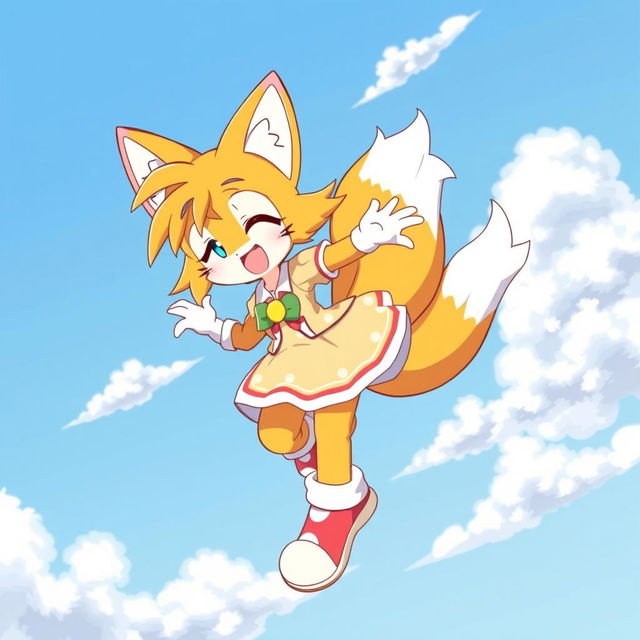 An anime-style illustration of a two-tailed catgirl joyfully spinning in circles against a bright blue sky, resembling the playful movement of Tails from a popular game