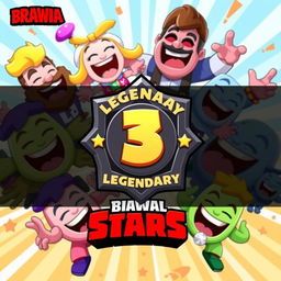 A vibrant and dynamic thumbnail for Brawl Stars featuring the Legendary 3 rank emblem prominently in the center
