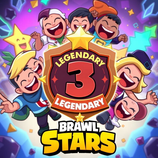 A lively thumbnail for Brawl Stars featuring the Legendary 3 competitive rank emblem prominently displayed in the center