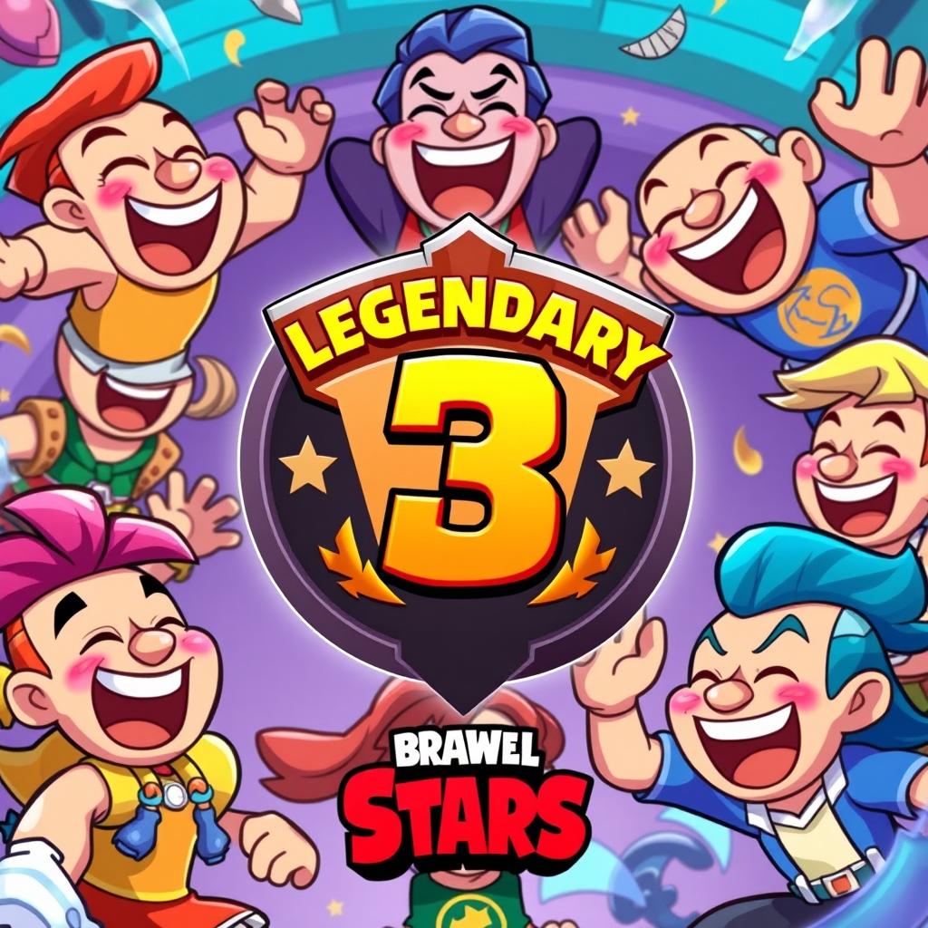 A lively thumbnail for Brawl Stars featuring the Legendary 3 competitive rank emblem prominently displayed in the center