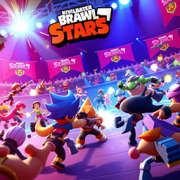 A thrilling, competitive scene set in a vibrant arena from the game Brawl Stars, showcasing various colorful brawlers in action