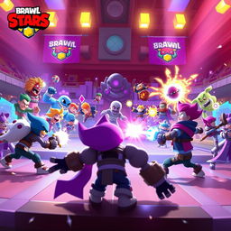 A thrilling, competitive scene set in a vibrant arena from the game Brawl Stars, showcasing various colorful brawlers in action