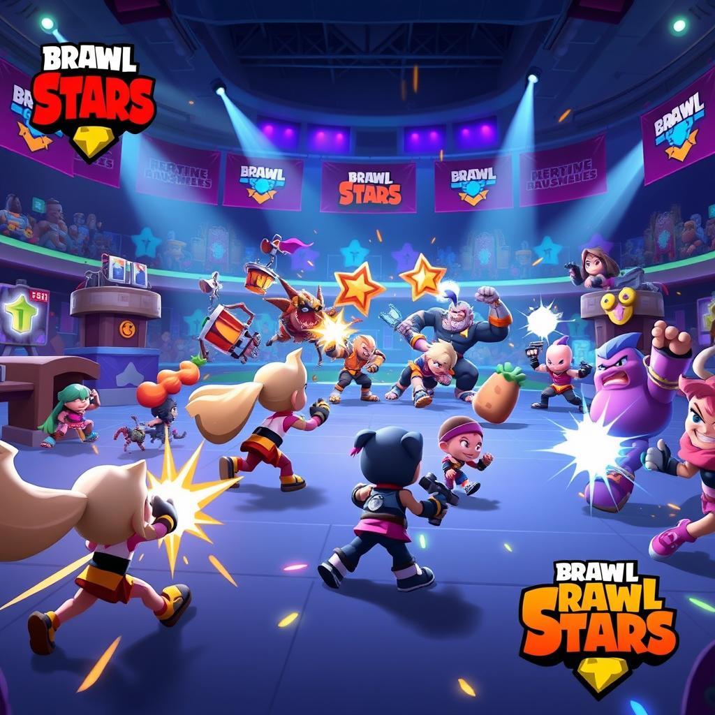 A thrilling, competitive scene set in a vibrant arena from the game Brawl Stars, showcasing various colorful brawlers in action