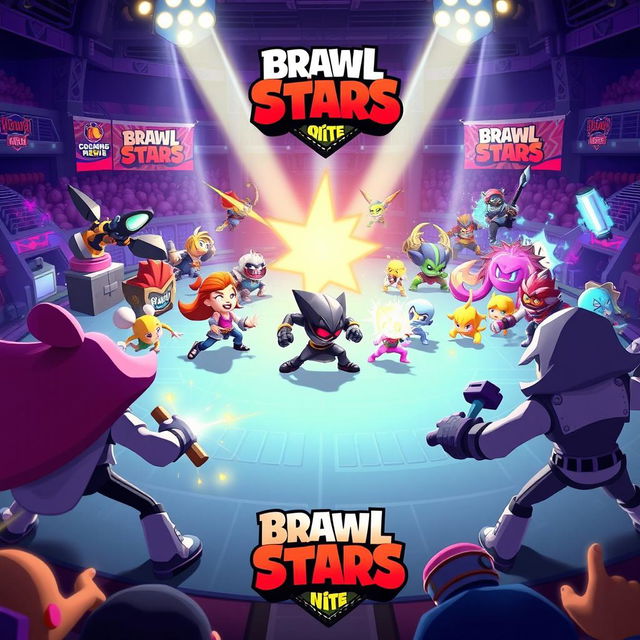 A thrilling, competitive scene set in a vibrant arena from the game Brawl Stars, showcasing various colorful brawlers in action