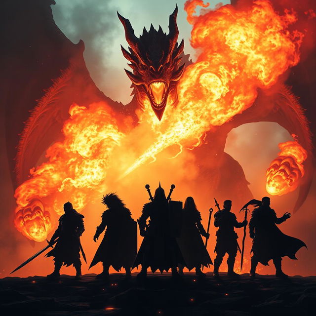 The dramatic silhouettes of five heroic figures standing valiantly in front of a massive, fearsome dragon that is unleashing powerful blasts of fiery flames