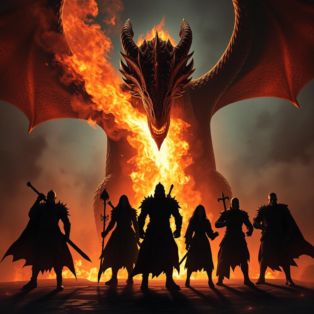 The dramatic silhouettes of five heroic figures standing valiantly in front of a massive, fearsome dragon that is unleashing powerful blasts of fiery flames