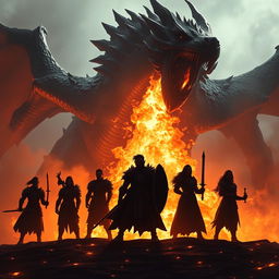 The dramatic silhouettes of five heroic figures standing valiantly in front of a massive, fearsome dragon that is unleashing powerful blasts of fiery flames
