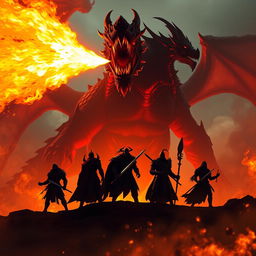 The dramatic silhouettes of five heroic figures standing valiantly in front of a massive, fearsome dragon that is unleashing powerful blasts of fiery flames