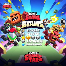 A vibrant and engaging thumbnail for a Brawl Stars video, featuring various brawlers from the game, prominently displayed in action poses