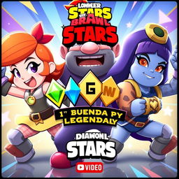 A vibrant and eye-catching YouTube thumbnail for a Brawl Stars video featuring the brawlers Penny, Primo, and Piper