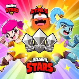 A vibrant and eye-catching YouTube thumbnail for a Brawl Stars video featuring the brawlers Penny, Primo, and Piper