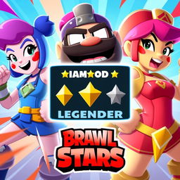 A vibrant and eye-catching YouTube thumbnail for a Brawl Stars video featuring the brawlers Penny, Primo, and Piper