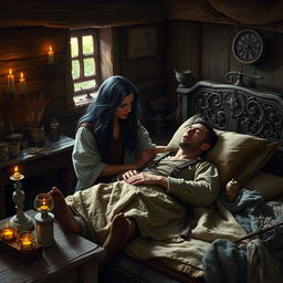 A fantasy scene depicting a female healer aged 45 with long dark hair showing hints of grey, gently tending to an injured 45-year-old man who is lying in a medieval-style bed