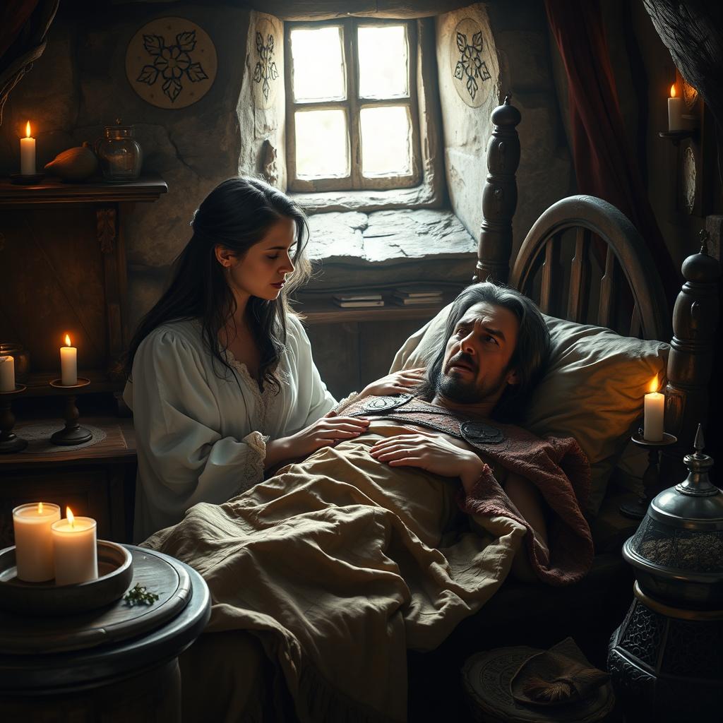 A fantasy scene depicting a female healer aged 45 with long dark hair showing hints of grey, gently tending to an injured 45-year-old man who is lying in a medieval-style bed