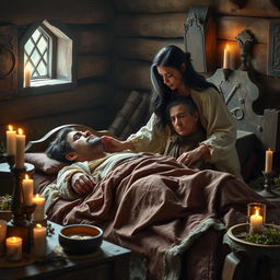 A fantasy scene depicting a female healer aged 45 with long dark hair showing hints of grey, gently tending to an injured 45-year-old man who is lying in a medieval-style bed