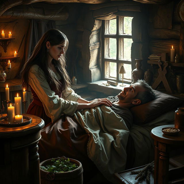 A fantasy scene depicting a female healer aged 45 with long dark hair showing hints of grey, gently tending to an injured 45-year-old man who is lying in a medieval-style bed