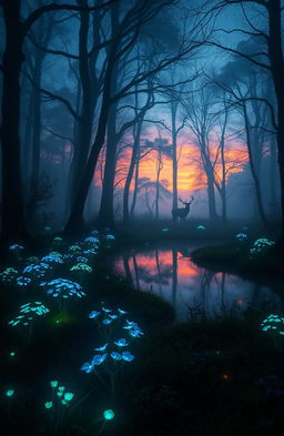 A mystical forest during twilight where the trees are cloaked in ethereal mist