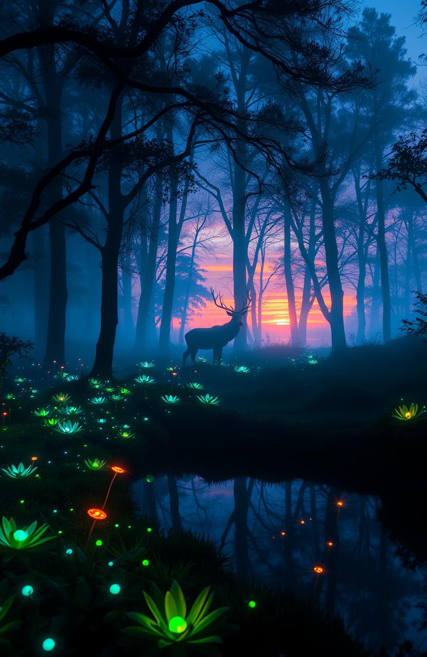 A mystical forest during twilight where the trees are cloaked in ethereal mist