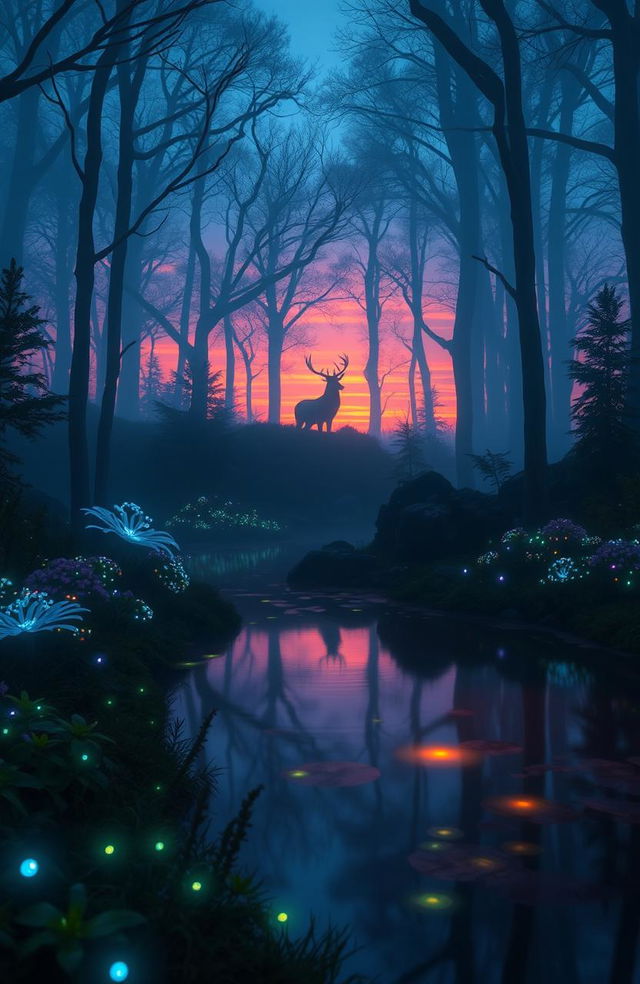 A mystical forest during twilight where the trees are cloaked in ethereal mist