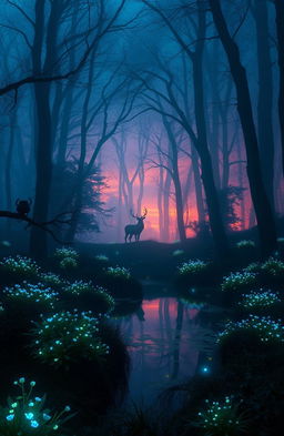 A mystical forest during twilight where the trees are cloaked in ethereal mist