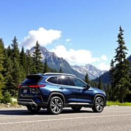 A sleek and modern SUV parked on a scenic mountain road, surrounded by lush forests and tall pine trees