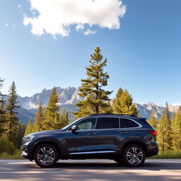 A sleek and modern SUV parked on a scenic mountain road, surrounded by lush forests and tall pine trees