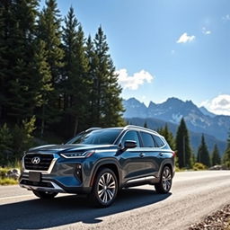A sleek and modern SUV parked on a scenic mountain road, surrounded by lush forests and tall pine trees