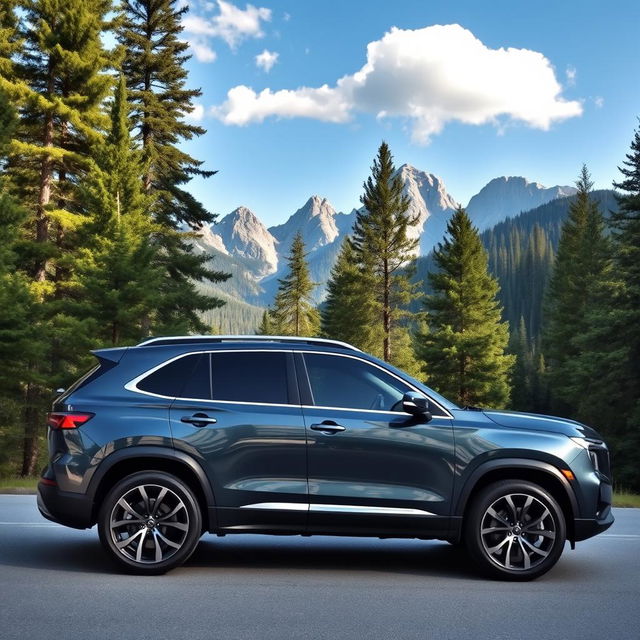 A sleek and modern SUV parked on a scenic mountain road, surrounded by lush forests and tall pine trees