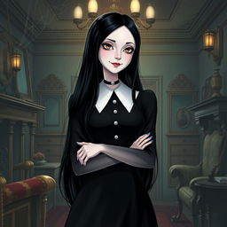 A beautifully detailed illustration of Wednesday Addams, the iconic character from The Addams Family