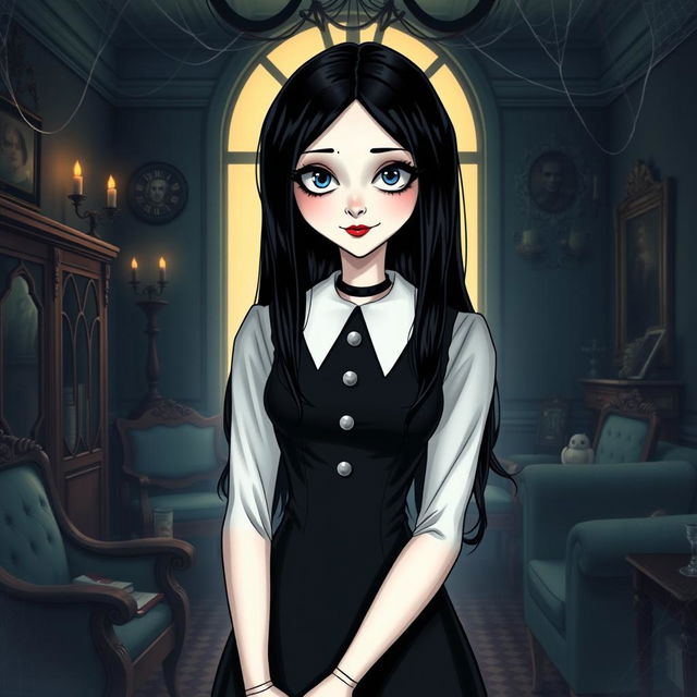 A beautifully detailed illustration of Wednesday Addams, the iconic character from The Addams Family