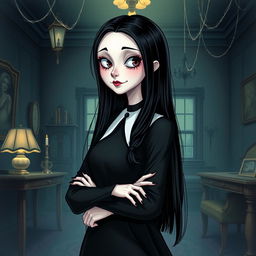 A beautifully detailed illustration of Wednesday Addams, the iconic character from The Addams Family