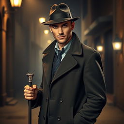 A handsome male detective, styled in classic detective attire with a tailored coat and fedora, stands confidently