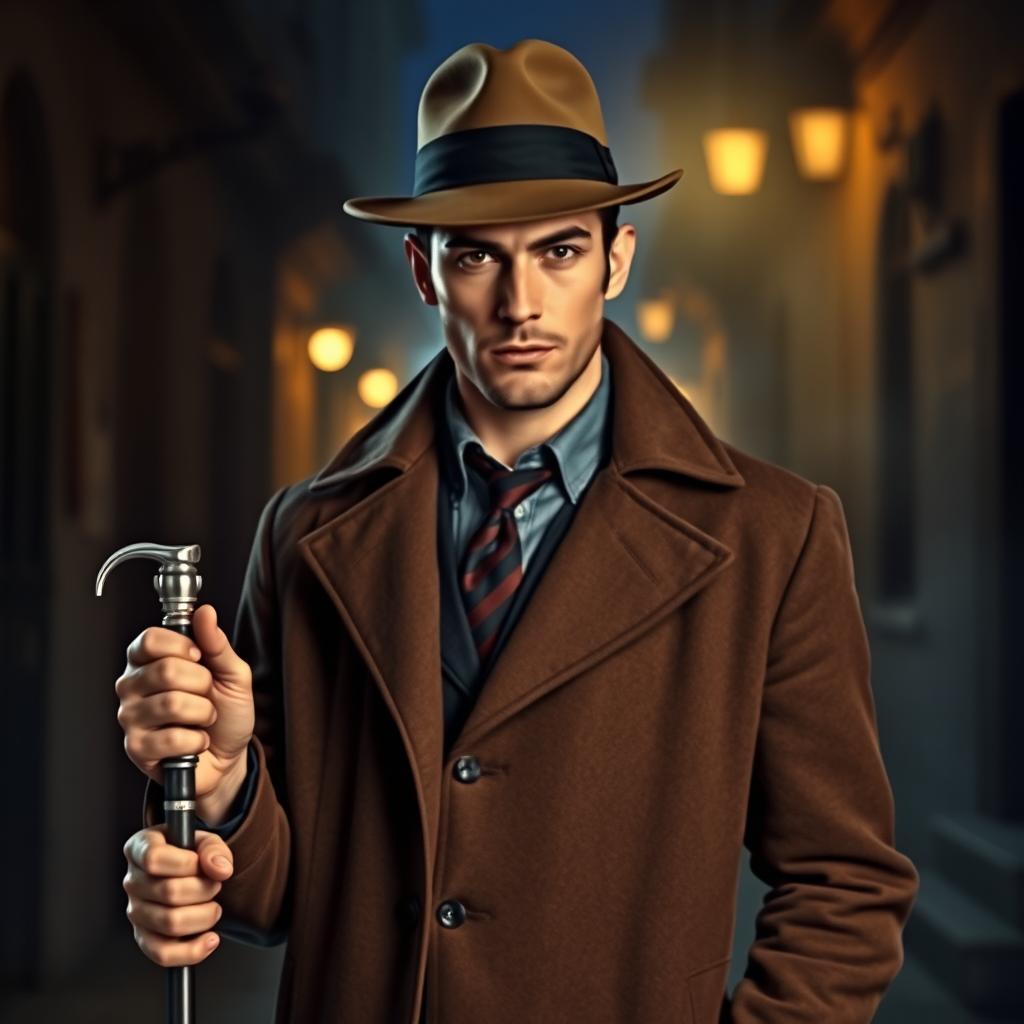 A handsome male detective, styled in classic detective attire with a tailored coat and fedora, stands confidently