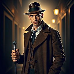 A handsome male detective, styled in classic detective attire with a tailored coat and fedora, stands confidently