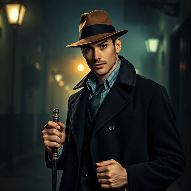 A handsome male detective, styled in classic detective attire with a tailored coat and fedora, stands confidently