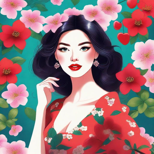 Illustration of a lovely girl with sparkling eyes, cherry red lips, and a vibrant outfit, surrounded by blooming flowers.