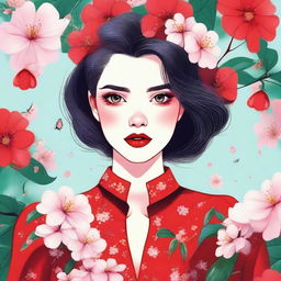 Illustration of a lovely girl with sparkling eyes, cherry red lips, and a vibrant outfit, surrounded by blooming flowers.