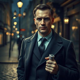 A handsome 45 year old male British detective, depicted as an Inspector in a classic tweed suit