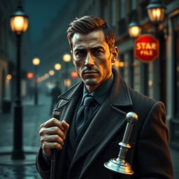 A handsome 45 year old male British detective, depicted as an Inspector in a classic tweed suit